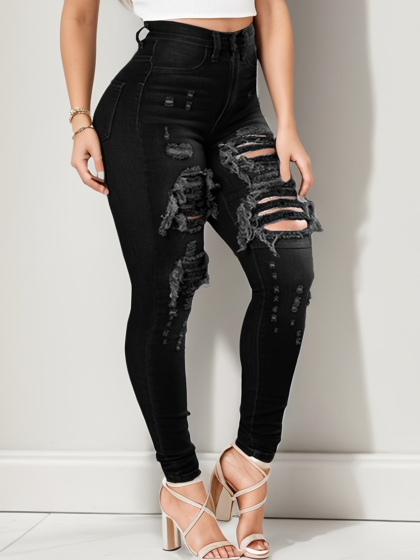 Ripped High Waisted High Stretch Tight Jeans, Comfortable Casual Jeans, Suitable For Daily Wear, Women's Jeans And Clothing