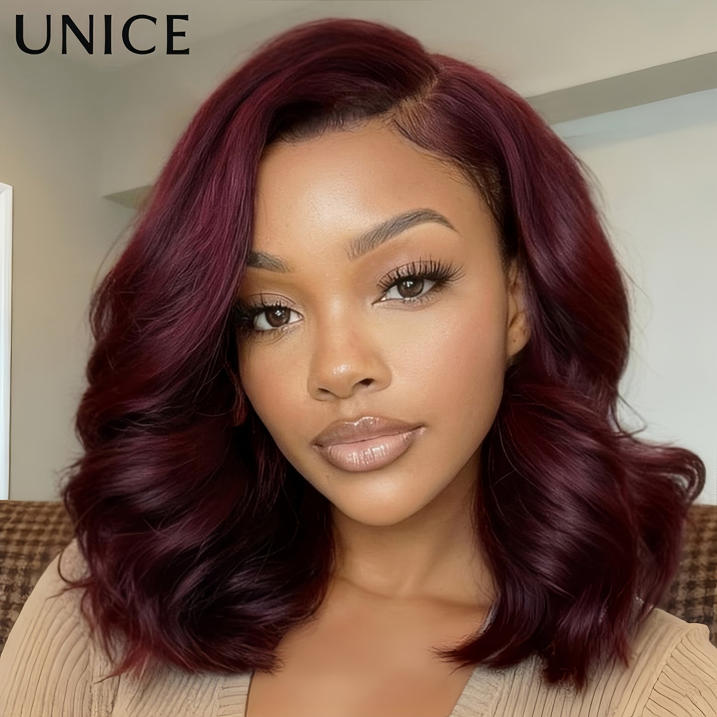 Unice Burgundy 100% Human Hair Layered Glueless Bob Wig with Curtain Bangs - Soft & Silky Shoulder Length, 150% Density, Natural Brown Base & Burgundy Highlights, No Glue Needed, Comfortable & Easy Maintenance, Unisex for Men