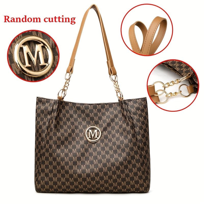 Perfect Lily "M" Logo Tote Bag - Elegant Black & White Checkered Shoulder Bag with Golden Hardware, Large Capacity for Daily Commute, Shopping, Travel - Ideal Gift for Women, Commute Bag|Checkered Pattern Bag|Durable Zippers,