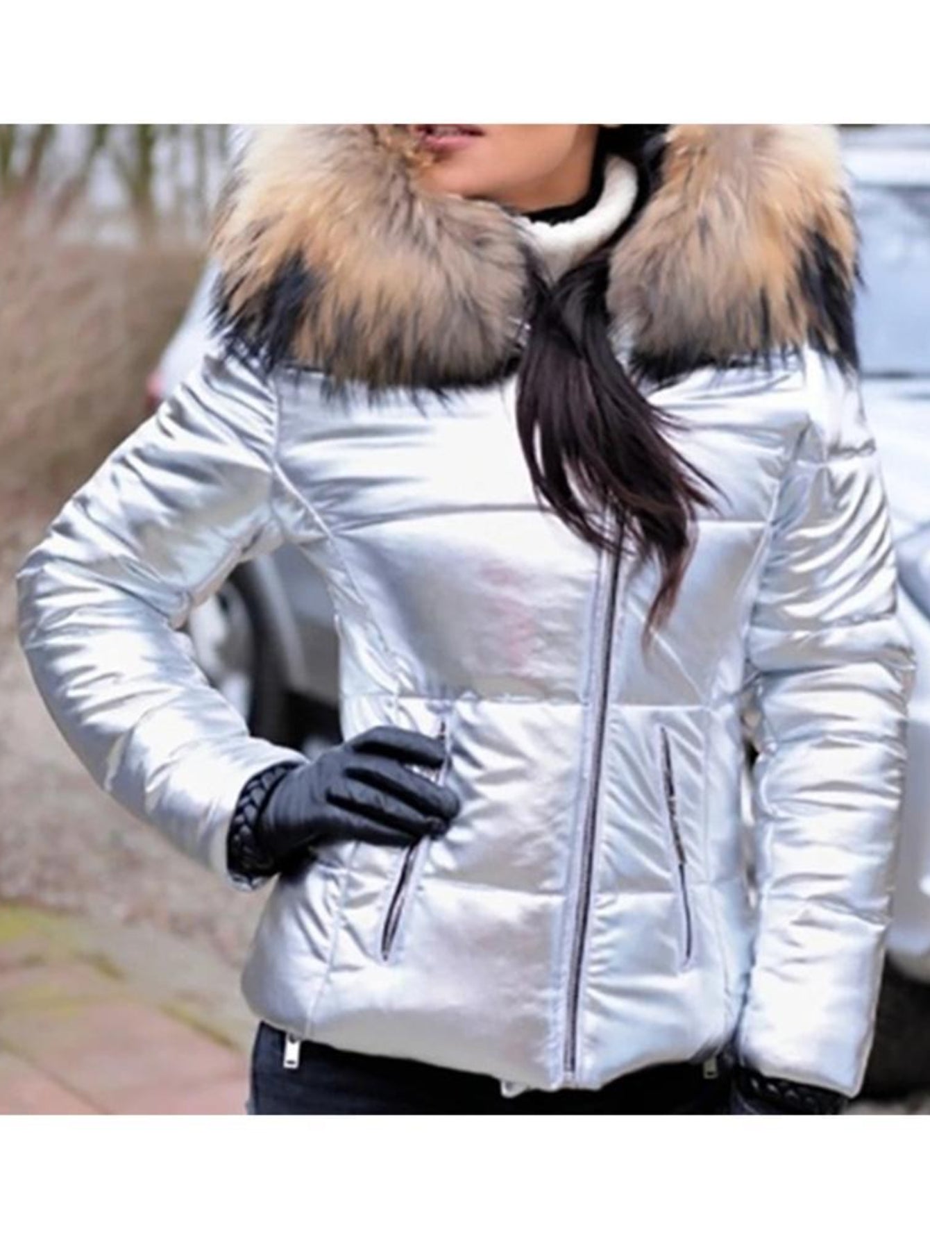 Plus Size - Plus Size - Plus Size Women'S Elegant Hooded Winter Jacket - European & American Style Warm Mid-Length Coat with Full-Zip Front Closure, Soft Pink Fur Collar & Long Sleeves, Cozy Insulated Outerwear for Fall/Winte