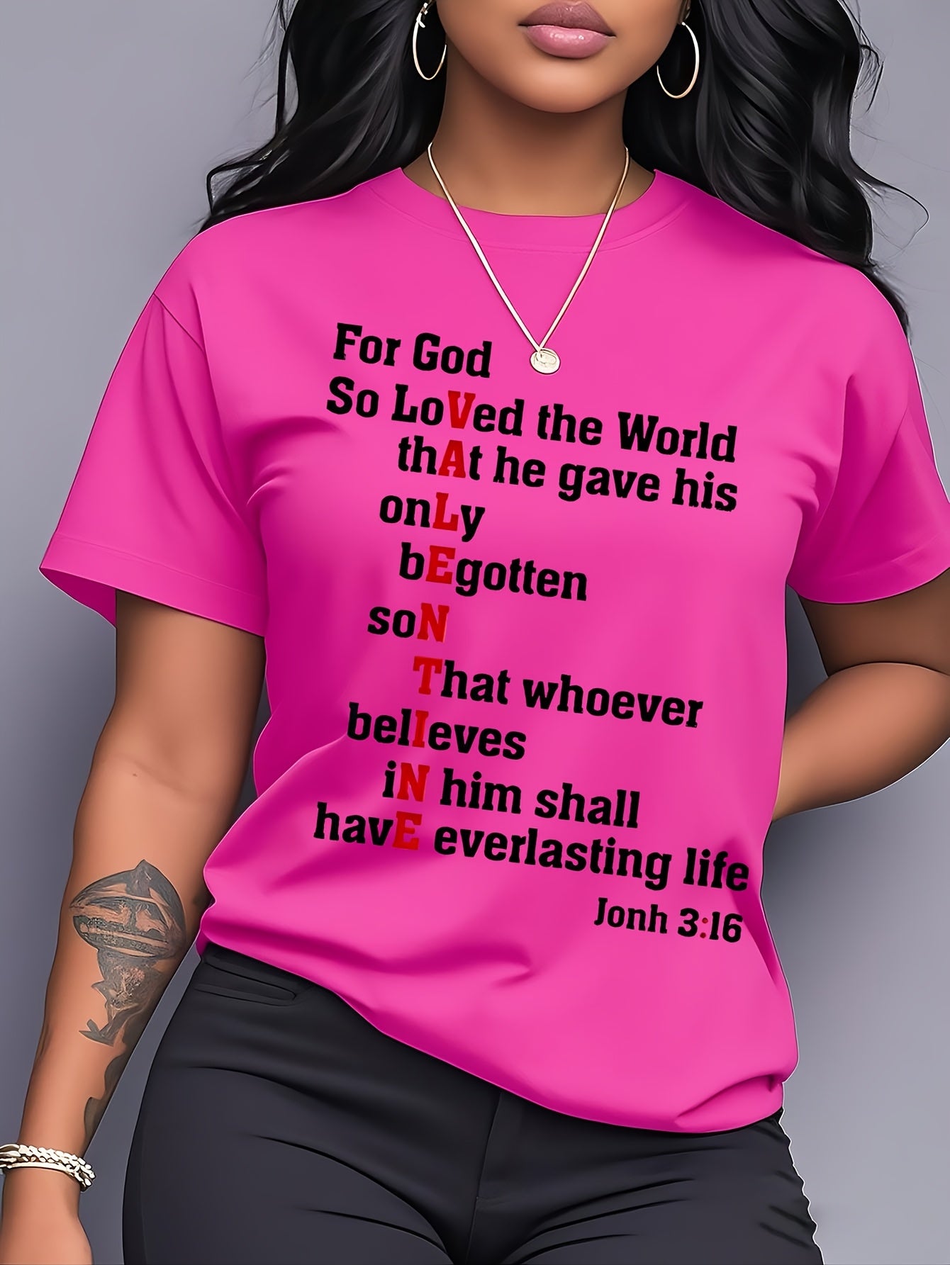 Plus Size Women's T-Shirt - Soft Loose Fit Casual Short Sleeve Round Neck with Inspirational Bible Verse Print (John 3:16) - Vibrant Pink & Black Lettering - Summer Spring Fall Comfort Top - Perfect Gift for Her, Ladies T Shi