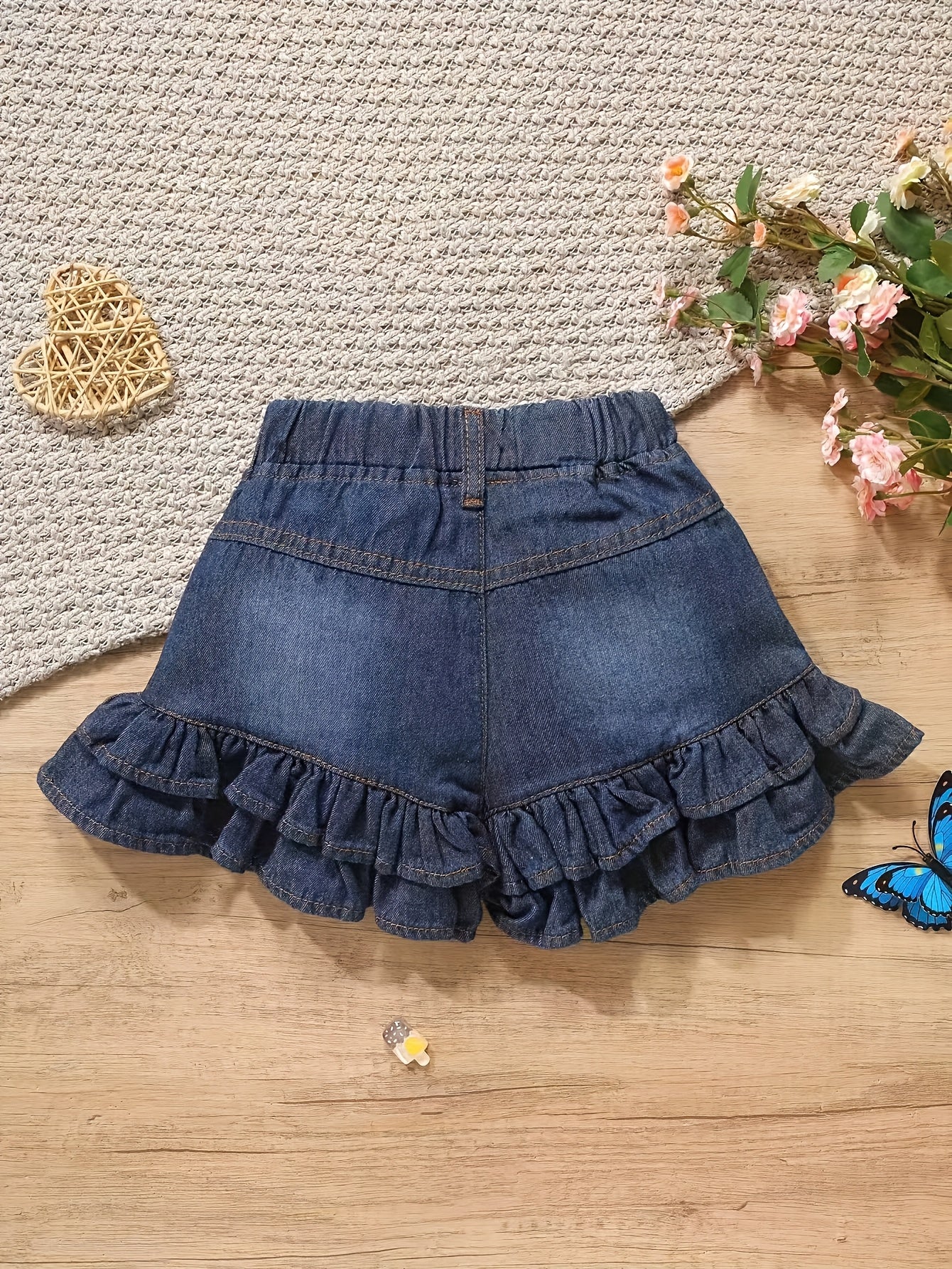 Girls' Denim Shorts - Lotus Leaf Hem, Stylish and Comfortable for Casual Wear
