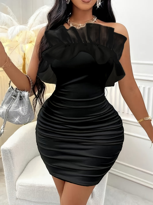 Black Dresses for Women Elegant Classy Stylish Off-Shoulder Pleated Women's Bodycon Graduation Dress - Sleeveless, Pleated, Solid Black Polyester, with Mesh Details - Stretchy, Machine Washable - Ideal for Spring/Summer/Autum