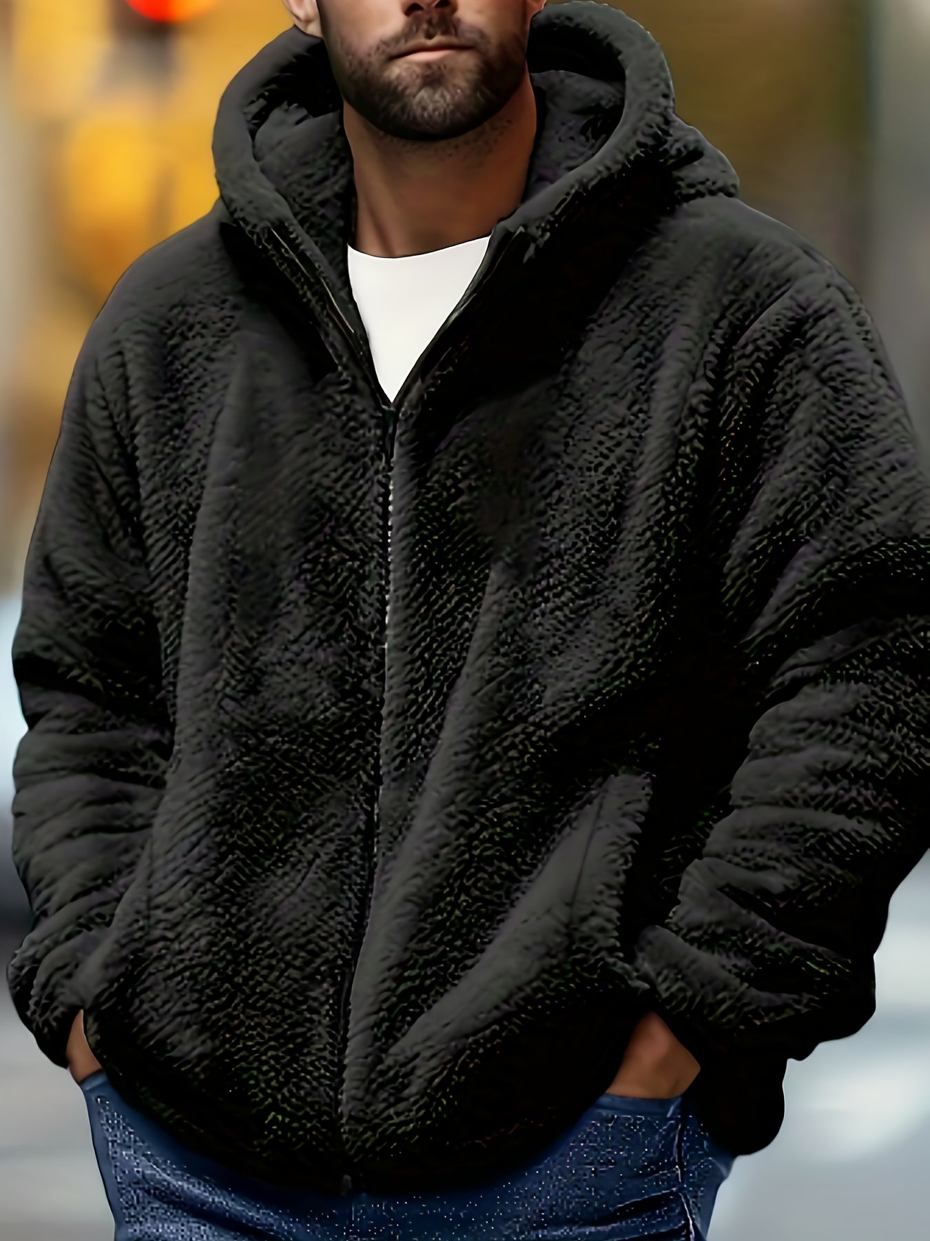 Men's Plush Jacket with Hood - Coral Fleece-Like Outer, Full-Zip Winter Warm Coat, Machine Washable, Pockets & Adjustable Hood, Casual Outerwear for Fall/Winter (No Bulk) - Ideal for Cold Weather (OBM