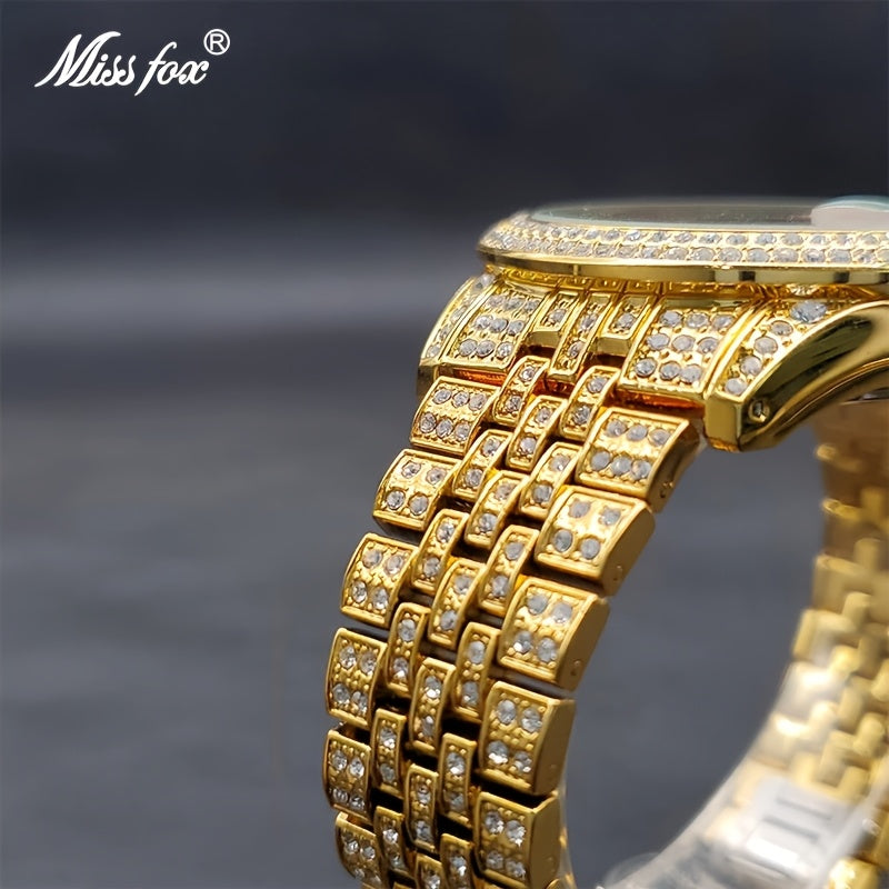Men's Luxury Hip-Hop Watch with Sparkling Rhinestones, Quartz Movement & Date Calendar - Golden-Tone Metal -Accented Band, Battery-Powered for Parties, Dates, Valentine's Day Gifts, Hip Hop Jewelry, Date Night Watch, Rhinesto