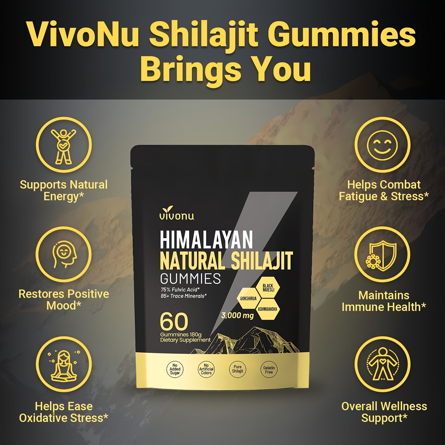 Himalayan Shilajit Gummies | With Ashwagandha, Gokshura & Other Herbs | No Added Sugar | 60 Gummies