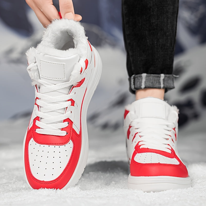 WANWEISI Men's Winter High-Top Thick-Sole Sneakers with Plush Fleece Lining - Heavy-Duty & MD Sole, Lace-Up Winter Boots for Hiking, Outdoor, Casual & Casual Attire - Warm Thermal Insulation, Cushioned Comfort, White/Black/Re