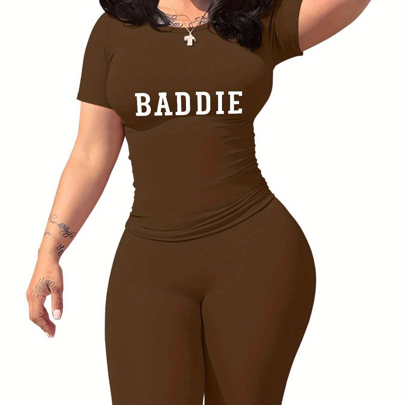 Baddie Women'S SlimFit TShirt and Shorts Set, Premium Baddie Lettering Print, Durable Baddie Graphic Design, Casual Baddie Style Fashion with Soft Fabric, Comfortable and LongLasting Baddie Trend., Allseason Apparel, Trendy O
