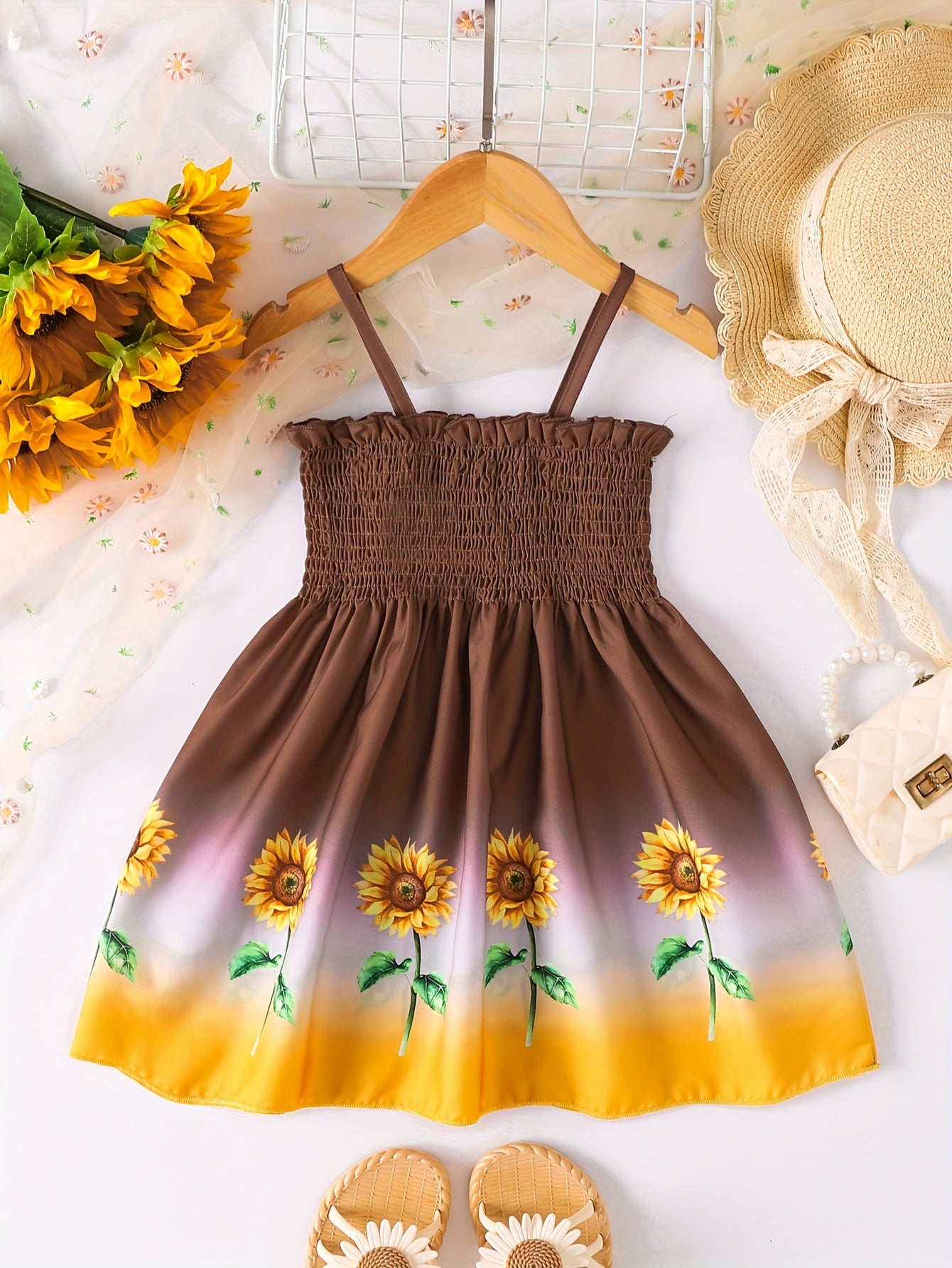 [Sunflower | Girls] Gradient Color Sunflower Princess Dress | Toddler Girls Shirred Cami Frill Trim | For Party Beach Vacation Kids Summer Clothes 4th Of July Outfit