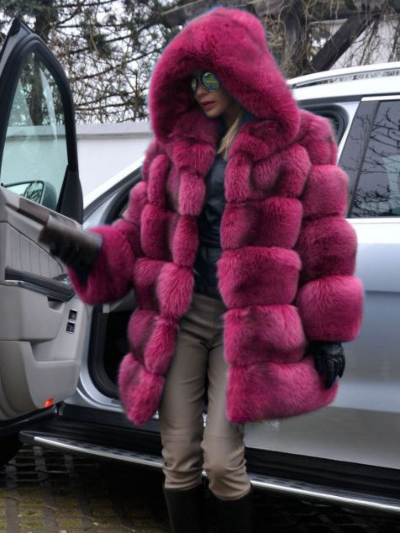 Plus Size, HERTALK Women's Plus Size Pink Faux Fox Fur Coat - Hooded Winter Jacket with Collar, H-Line Silhouette & Full-Length Hem Slit - Luxurious Imitation Fur Outerwear (Pink/) - Machine Washable