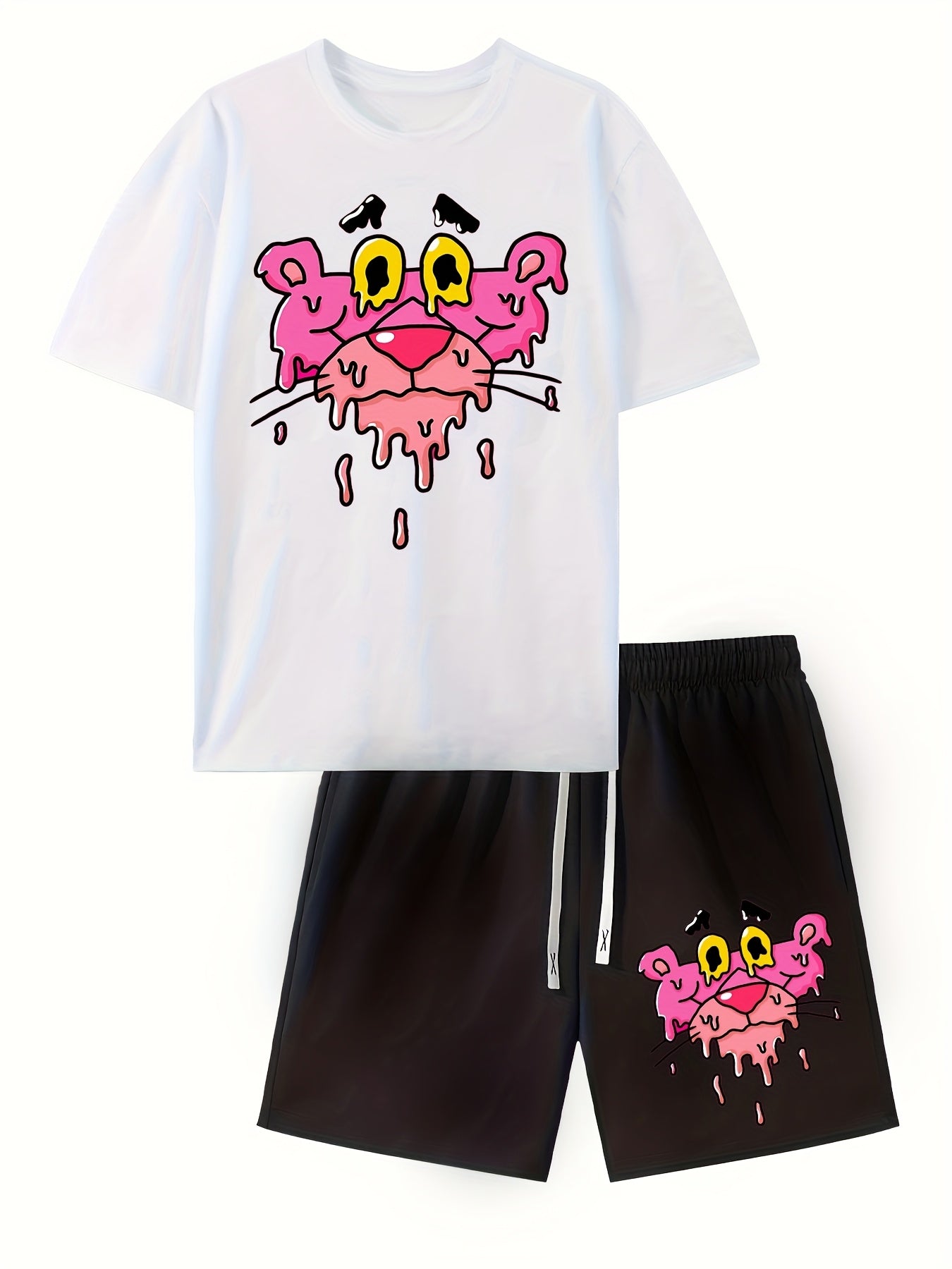 Men'S Short-Sleeved T-Shirt And Waist-Tightening Shorts Set with Trendy Pink Leopard Image Print, Casual Sports Regular Top And Pants Suit, Suitable for Spring And Summer Matching
