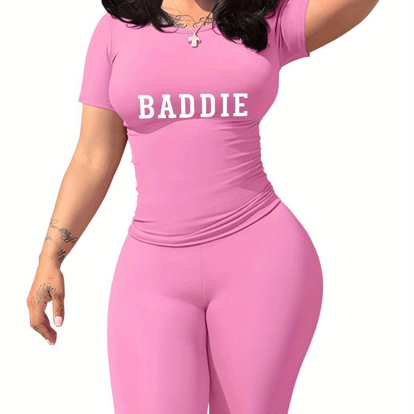 Baddie Women'S SlimFit TShirt and Shorts Set, Premium Baddie Lettering Print, Durable Baddie Graphic Design, Casual Baddie Style Fashion with Soft Fabric, Comfortable and LongLasting Baddie Trend., Allseason Apparel, Trendy O