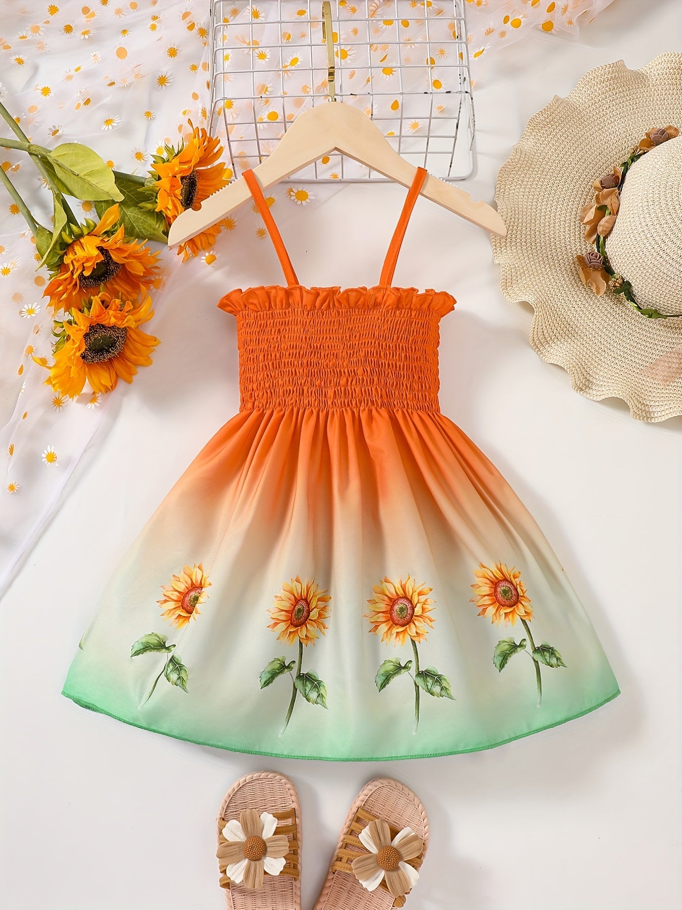 [Sunflower | Girls] Gradient Color Sunflower Princess Dress | Toddler Girls Shirred Cami Frill Trim | For Party Beach Vacation Kids Summer Clothes 4th Of July Outfit