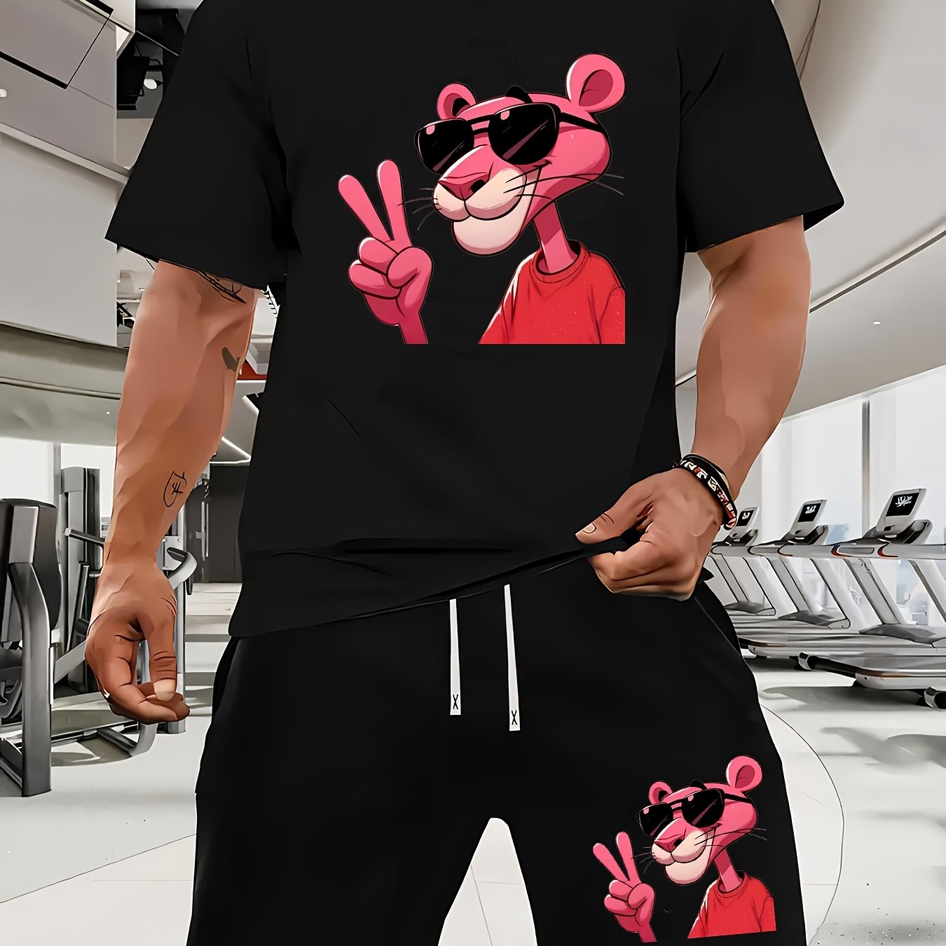 Men'S Short-Sleeved T-Shirt And Waist-Tightening Shorts Set with Trendy Pink Leopard Image Print, Casual Sports Regular Top And Pants Suit, Suitable for Spring And Summer Matching