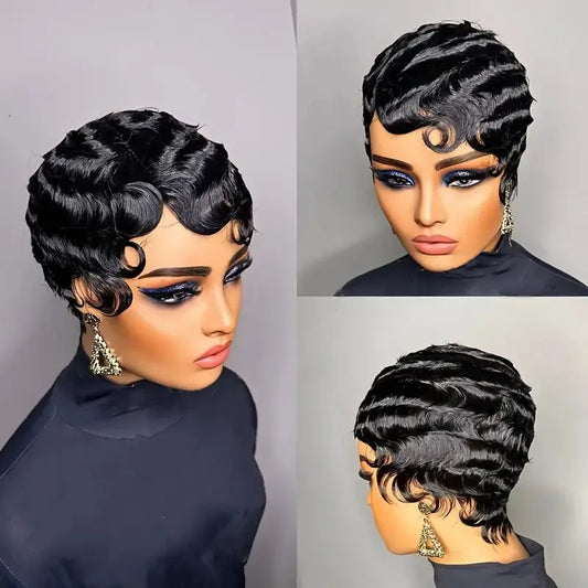 Short Finger Wave Wig Human Hair Wig For Women 99J Burgundy Brown Short Ocean Wave Wig Pixie Cut Wigs for Woman Natural Color