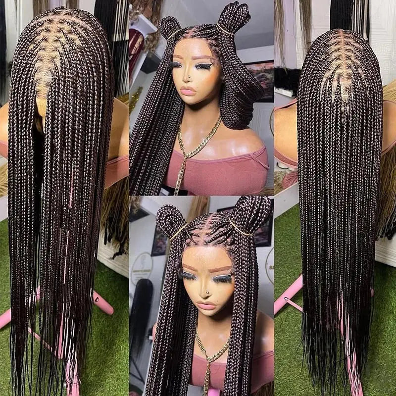 36Inch Burgundy Synthetic Long Box Braided Wig Full Lace Straight Knotless Cornrow Braid with Baby Hair for Women