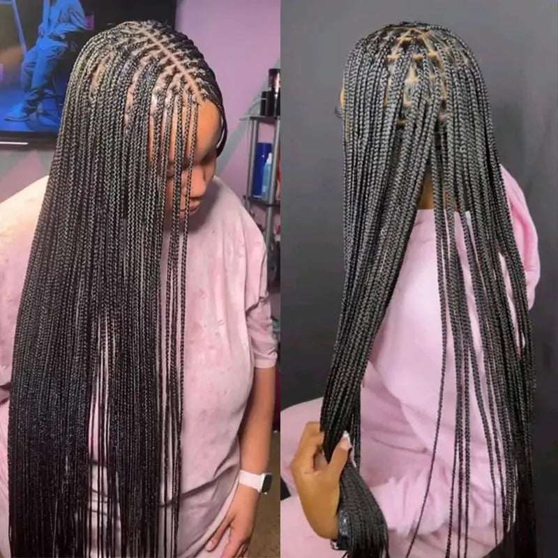 36Inch Burgundy Synthetic Long Box Braided Wig Full Lace Straight Knotless Cornrow Braid with Baby Hair for Women