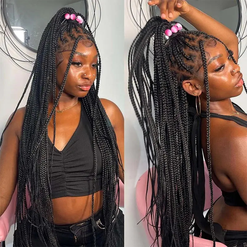 36Inch Burgundy Synthetic Long Box Braided Wig Full Lace Straight Knotless Cornrow Braid with Baby Hair for Women