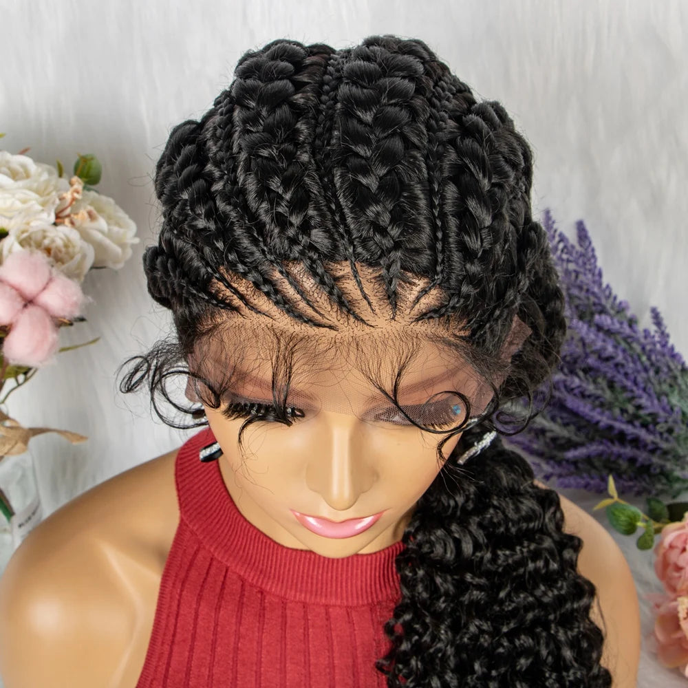 Lace Frontal Synthetic Braided Wigs Lace Front Braided Ponytail Wig Natural Knotless with Baby Hair for Black Women Daily Use