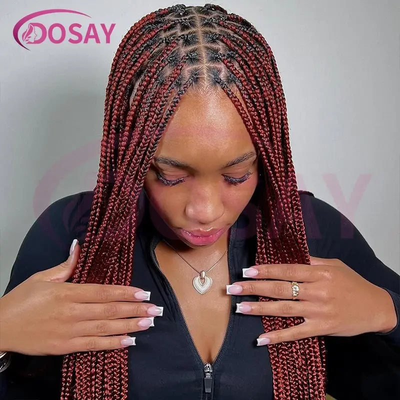 36Inch Burgundy Synthetic Long Box Braided Wig Full Lace Straight Knotless Cornrow Braid with Baby Hair for Women