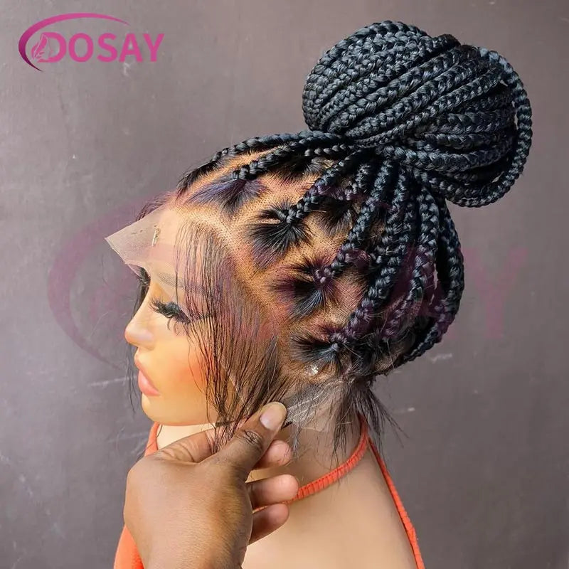 36Inch Burgundy Synthetic Long Box Braided Wig Full Lace Straight Knotless Cornrow Braid with Baby Hair for Women