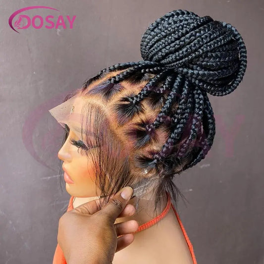 36Inch Burgundy Synthetic Long Box Braided Wig Full Lace Straight Knotless Cornrow Braid with Baby Hair for Women