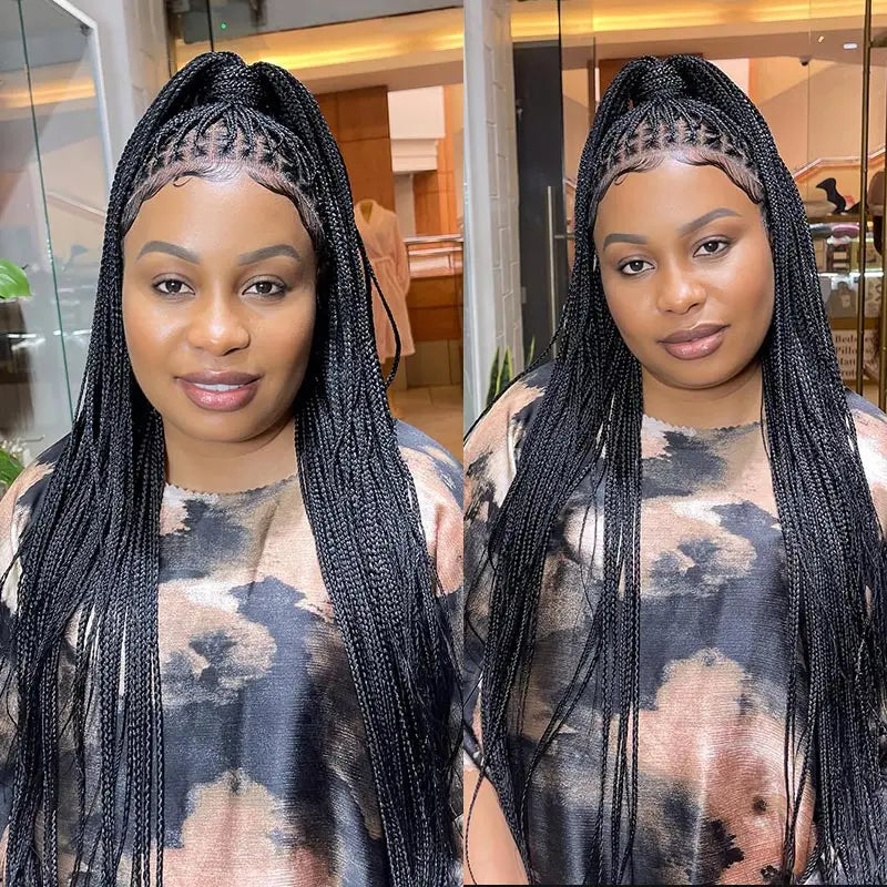 36Inch Burgundy Synthetic Long Box Braided Wig Full Lace Straight Knotless Cornrow Braid with Baby Hair for Women