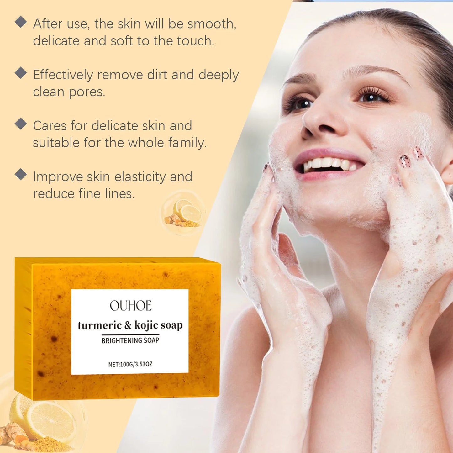 Ouhoe 100g Kojic Acid Turmeric Skin Brightening Soap Face Reduce Dark Spot Anti Acne Deep Cleansing Moisturizer Exfoliating Soap