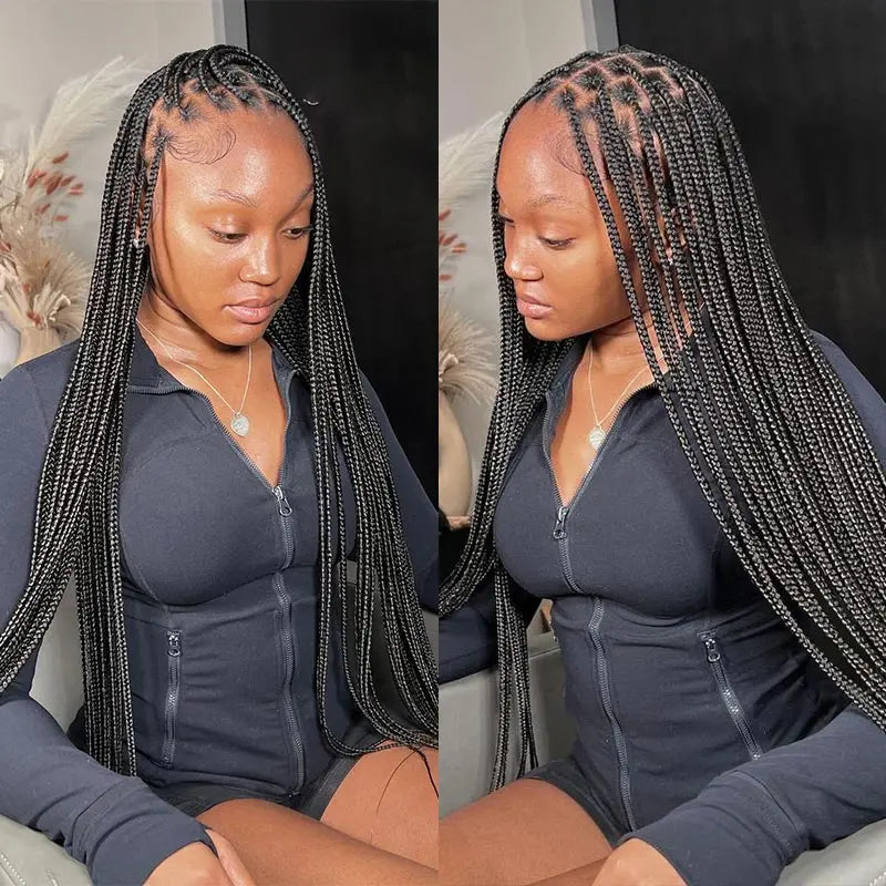 36Inch Burgundy Synthetic Long Box Braided Wig Full Lace Straight Knotless Cornrow Braid with Baby Hair for Women