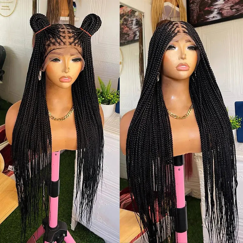36Inch Burgundy Synthetic Long Box Braided Wig Full Lace Straight Knotless Cornrow Braid with Baby Hair for Women