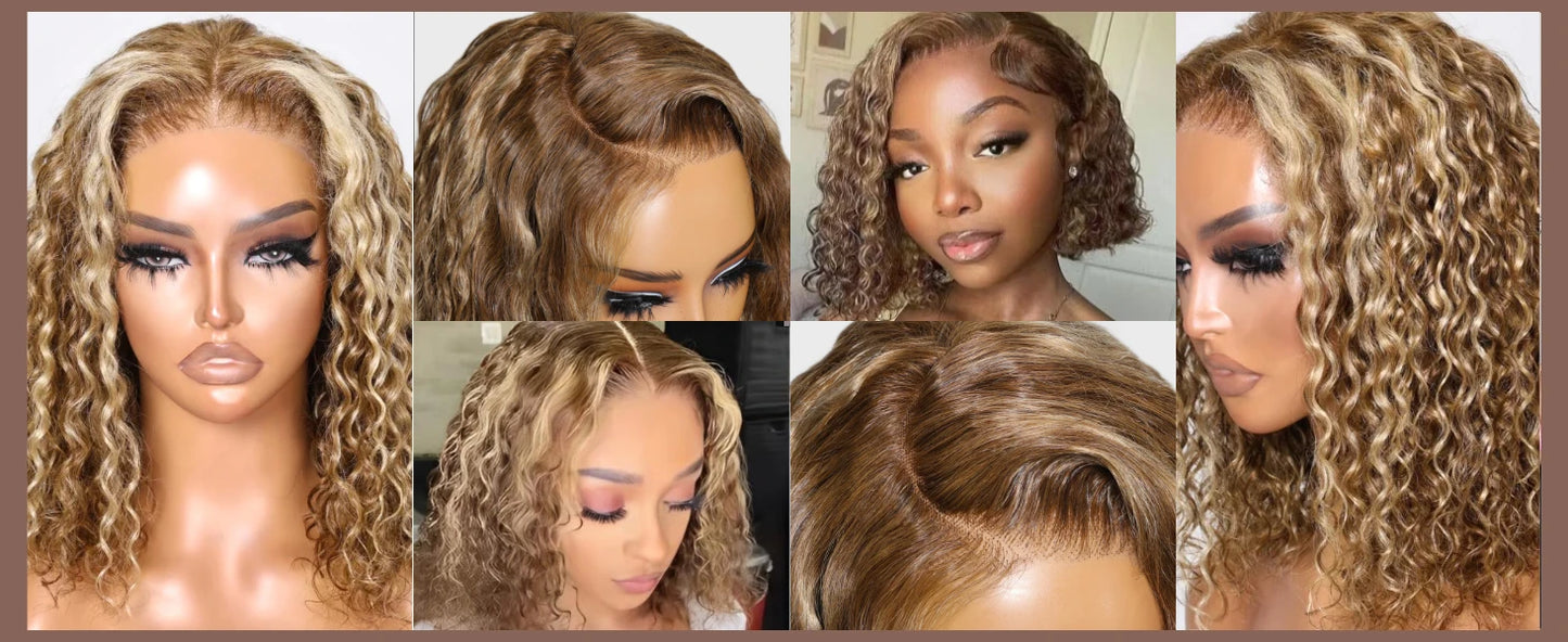 Unice Hair Blonde Highlight Water Wave Bob Wig 7x5 Bye Bye Slip Pre Cut Pre Bleached Glueless Wigs Human Hair Ready To Wear