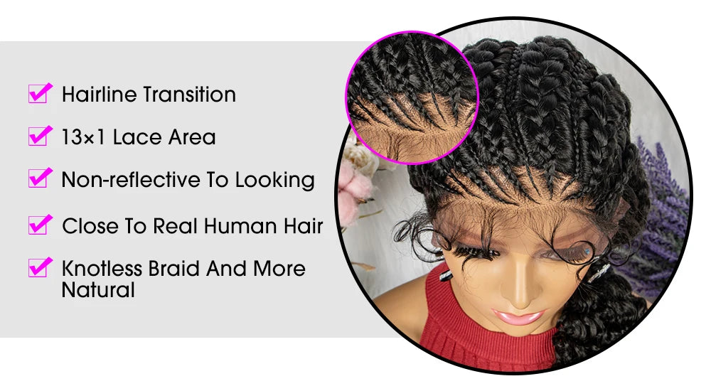 Lace Frontal Synthetic Braided Wigs Lace Front Braided Ponytail Wig Natural Knotless with Baby Hair for Black Women Daily Use