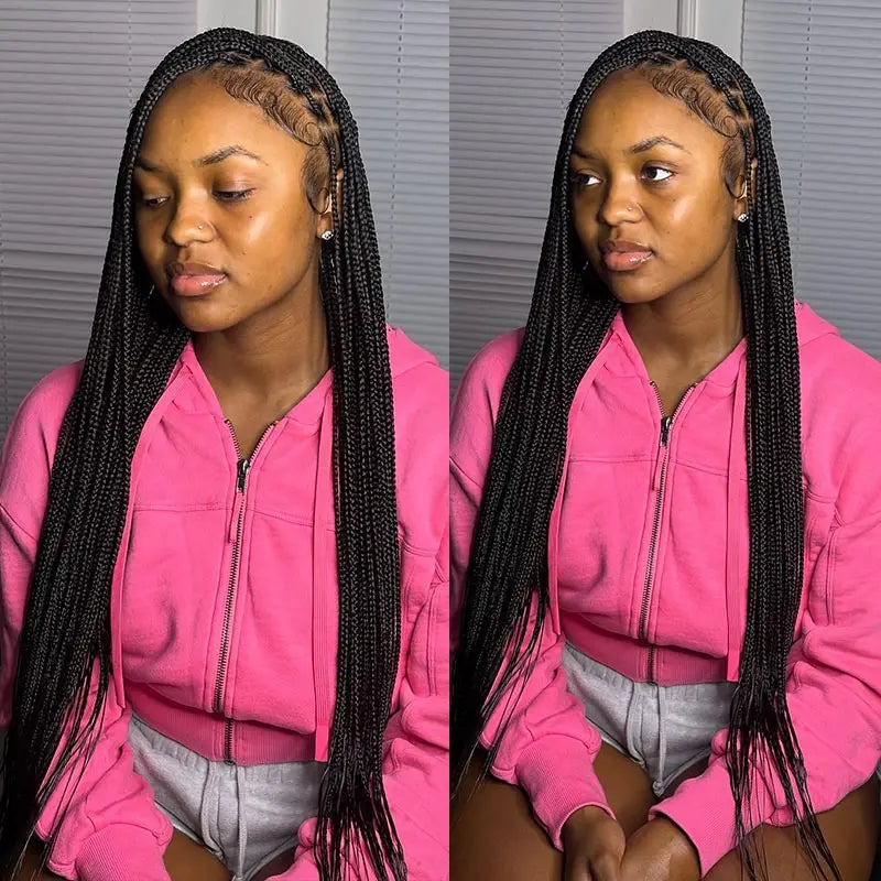 36Inch Burgundy Synthetic Long Box Braided Wig Full Lace Straight Knotless Cornrow Braid with Baby Hair for Women