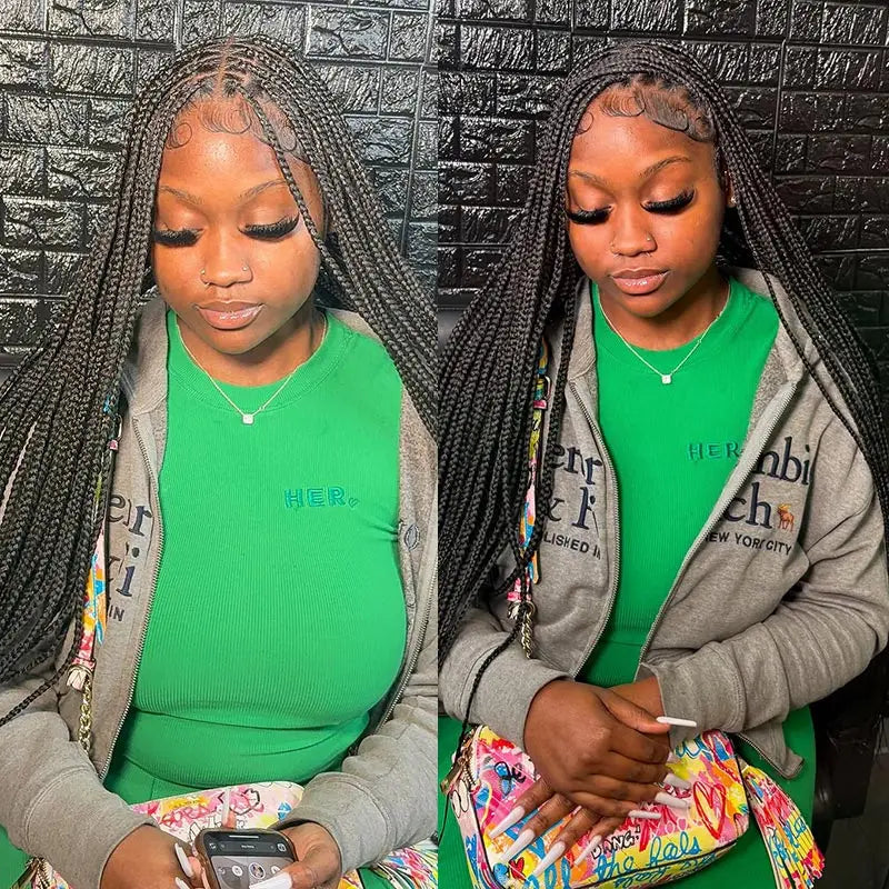 36Inch Burgundy Synthetic Long Box Braided Wig Full Lace Straight Knotless Cornrow Braid with Baby Hair for Women