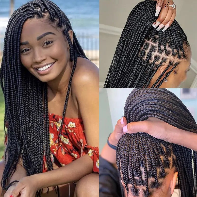 36Inch Burgundy Synthetic Long Box Braided Wig Full Lace Straight Knotless Cornrow Braid with Baby Hair for Women