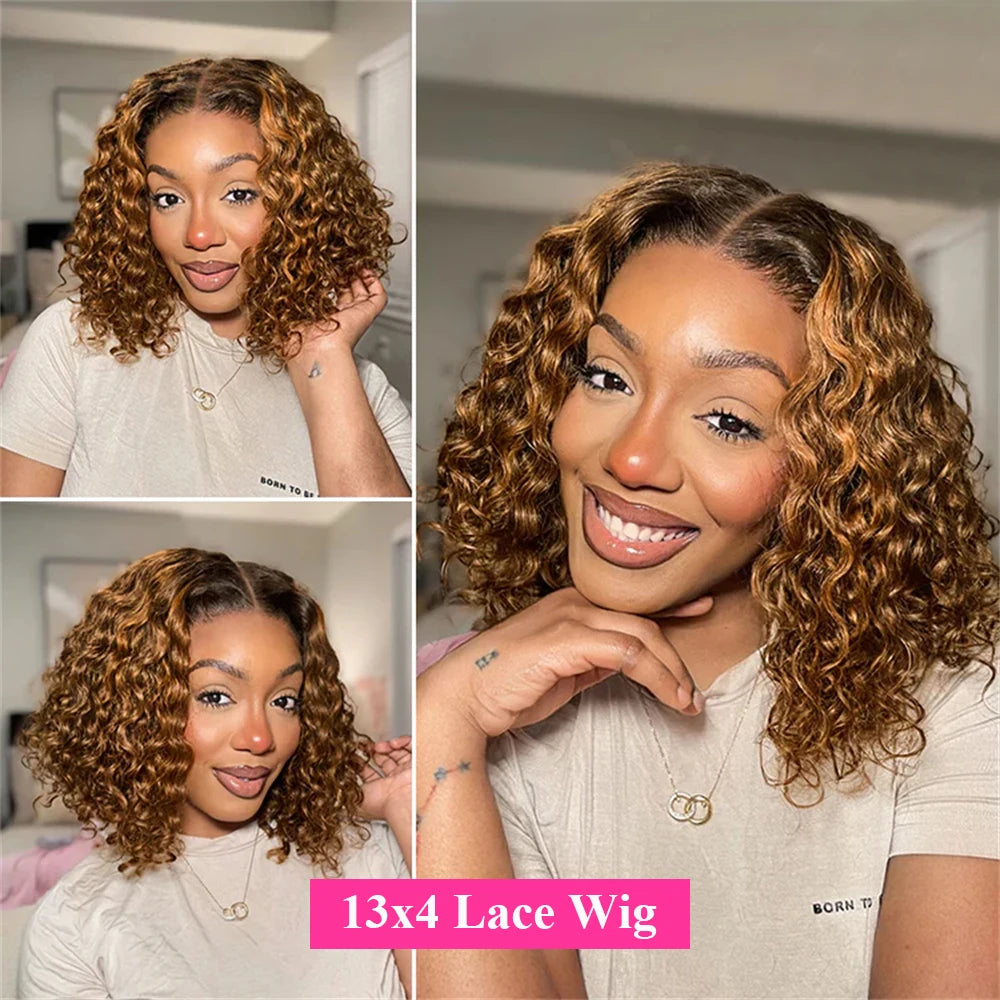 Highlight Short Bob Wigs Deep Wave 13x4 Lace Frontal Wig Human Hair Kinky Curly Frontal Bob Wig 4/27 Ombre Color 250% Density