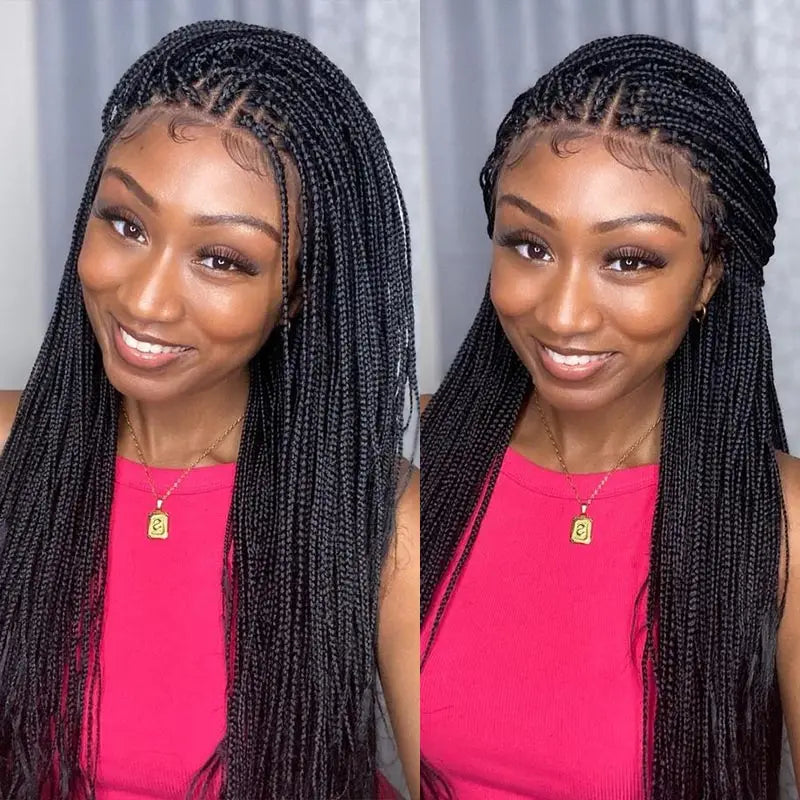 36Inch Burgundy Synthetic Long Box Braided Wig Full Lace Straight Knotless Cornrow Braid with Baby Hair for Women