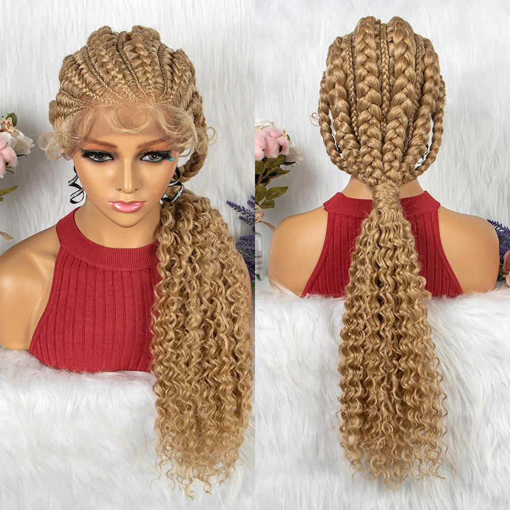 Lace Frontal Synthetic Braided Wigs Lace Front Braided Ponytail Wig Natural Knotless with Baby Hair for Black Women Daily Use