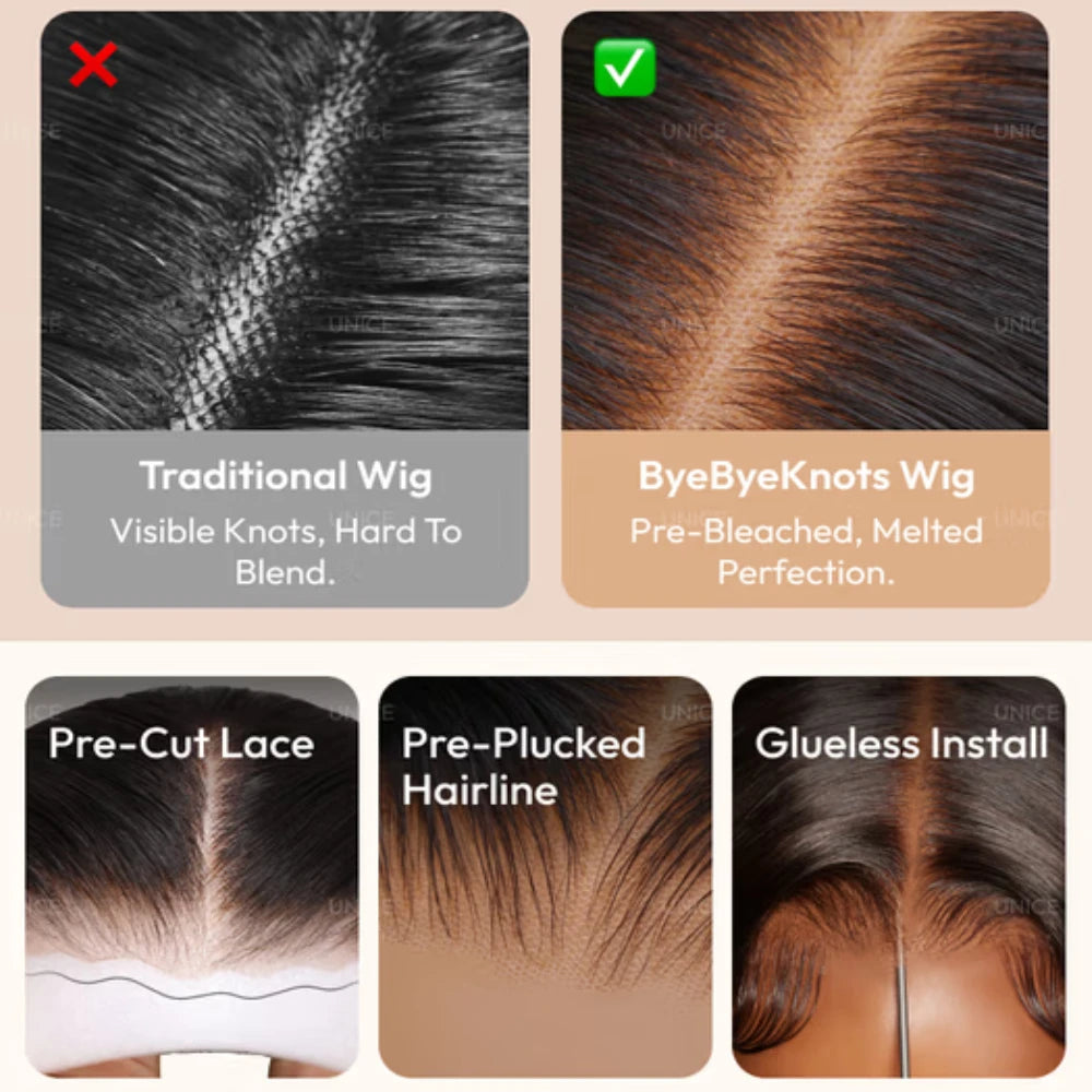 UNICE Chestnut Brown Ombre Yaki Straight Bob Human Hair Wig 7x5 & 13x4 Lace Glueless Wig 150% Density