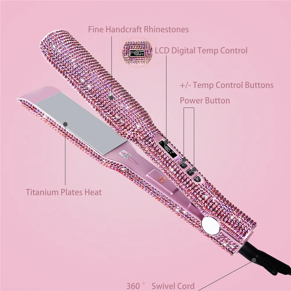 Rhinestone Flat Iron For a Perm Titanium Straightening Irons LCD Display Floating 2 Inches Wide Plate Hair Straightener Curler