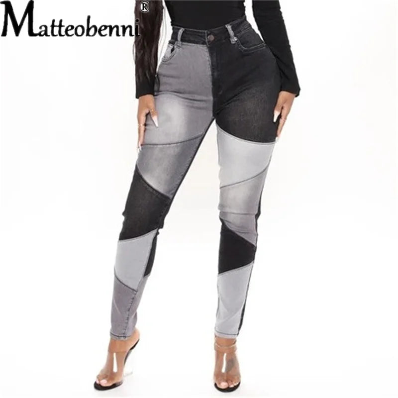 2026 Autumn And Winter High Waist Stitching Dark Denim Skinny Calf Trousers Ladies Fashion Street Casual Black Women's Jeans