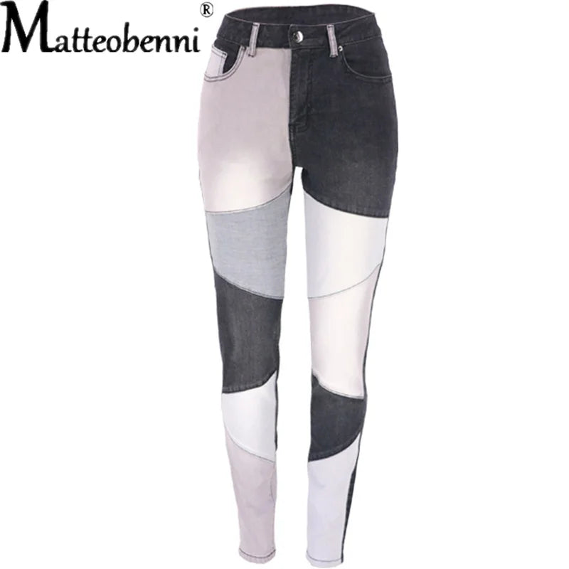 2026 Autumn And Winter High Waist Stitching Dark Denim Skinny Calf Trousers Ladies Fashion Street Casual Black Women's Jeans