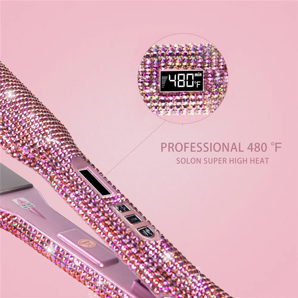 Rhinestone Flat Iron For a Perm Titanium Straightening Irons LCD Display Floating 2 Inches Wide Plate Hair Straightener Curler