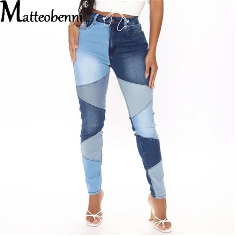 2026 Autumn And Winter High Waist Stitching Dark Denim Skinny Calf Trousers Ladies Fashion Street Casual Black Women's Jeans