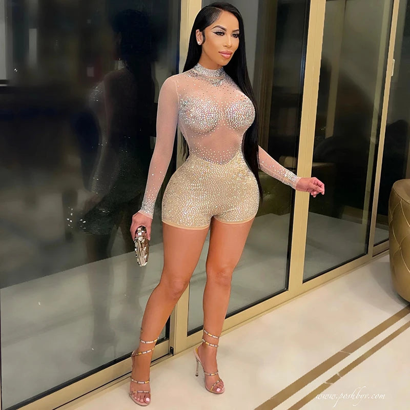 Beyprern New Chic See Through Crystal Romper Summer Sheer Mesh Patchwork Rhinestone Details Short Jumpsuits Birthday Outfits