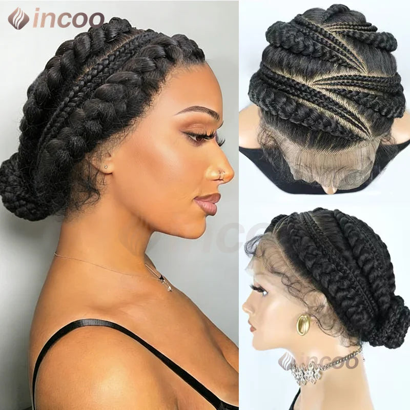 12 Inch African Cornrow Box Braids Bun Short Synthetic Full Lace Braided Wigs Glueless Natural Looking Box Braids Hair for Women
