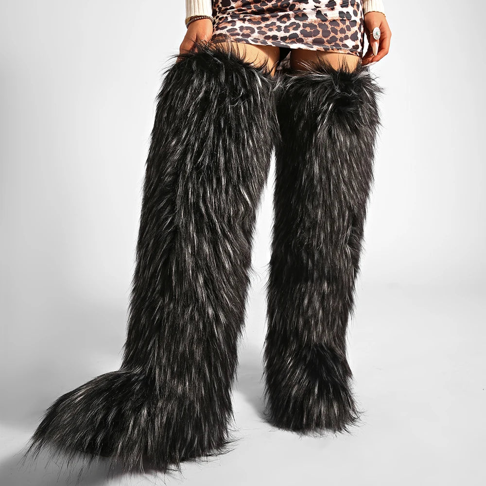 Women's Cozy Faux Fur over the Knee Boots Thigh High Fluffy Y2K Furry Fuzzy Warm Outdoor Comfortable Girls Boot