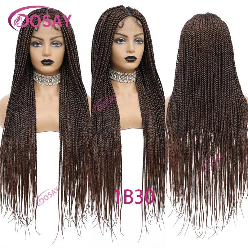 36Inch Burgundy Synthetic Long Box Braided Wig Full Lace Straight Knotless Cornrow Braid with Baby Hair for Women
