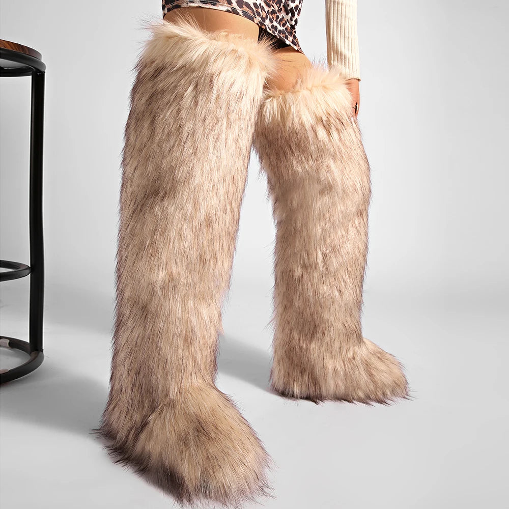 Women's Cozy Faux Fur over the Knee Boots Thigh High Fluffy Y2K Furry Fuzzy Warm Outdoor Comfortable Girls Boot