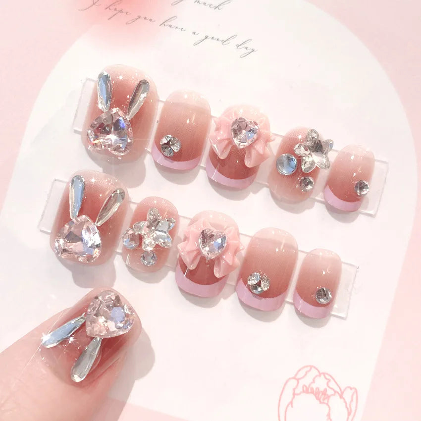 Glitter Fairy Rhinestone False nail Tips for Bride lady Wearable Sweet Crystal Design Press on Nails Mid Length Fake Nail Patch